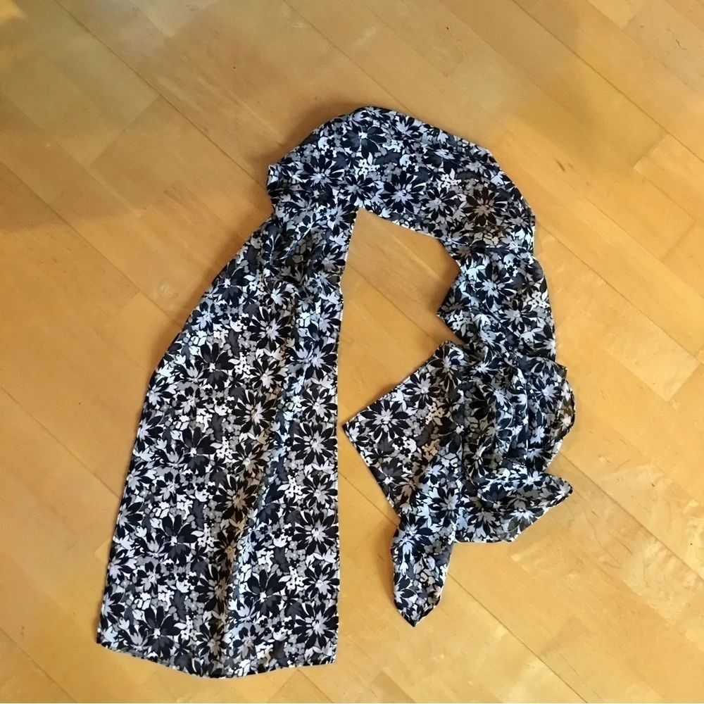 Floral, Lightweight, Semi-Sheer Scarf, Black, White